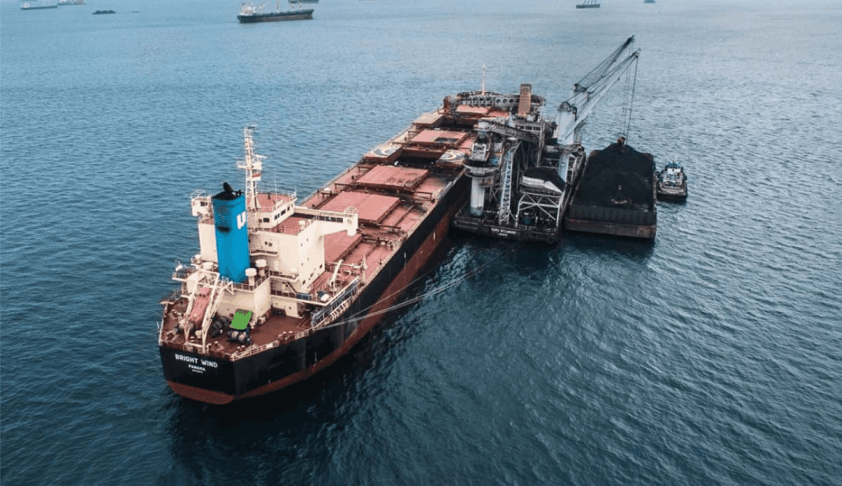 Cargo ship being loaded at port